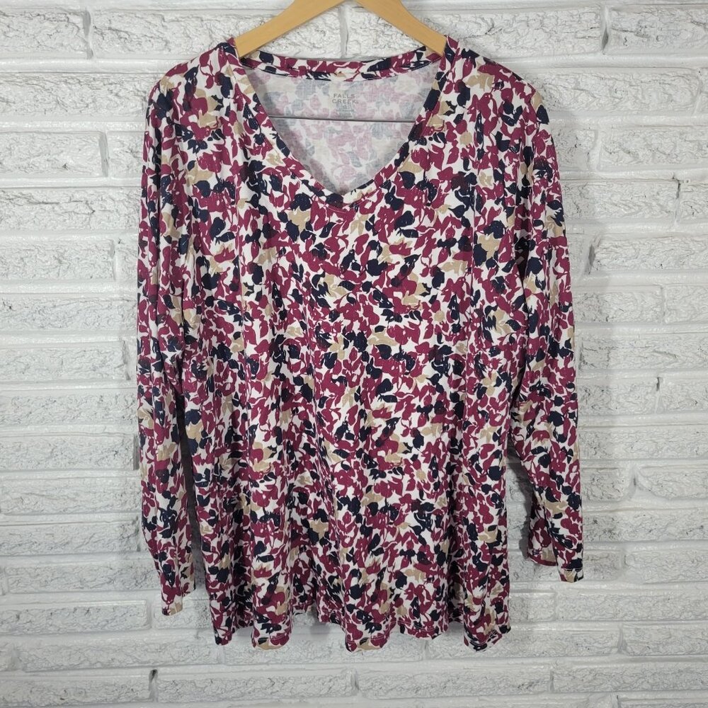 Falls Creek Womens Top 3X Plus Tee Long Sleeve Burgundy Floral FLO92XE
